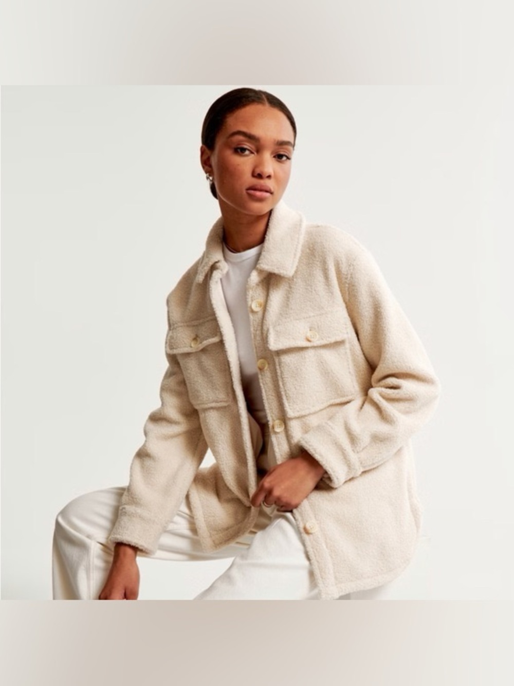 Abercrombie & Fitch Shacket Shirt Jacket Womens XS Cream Sherpa Fleece Lined